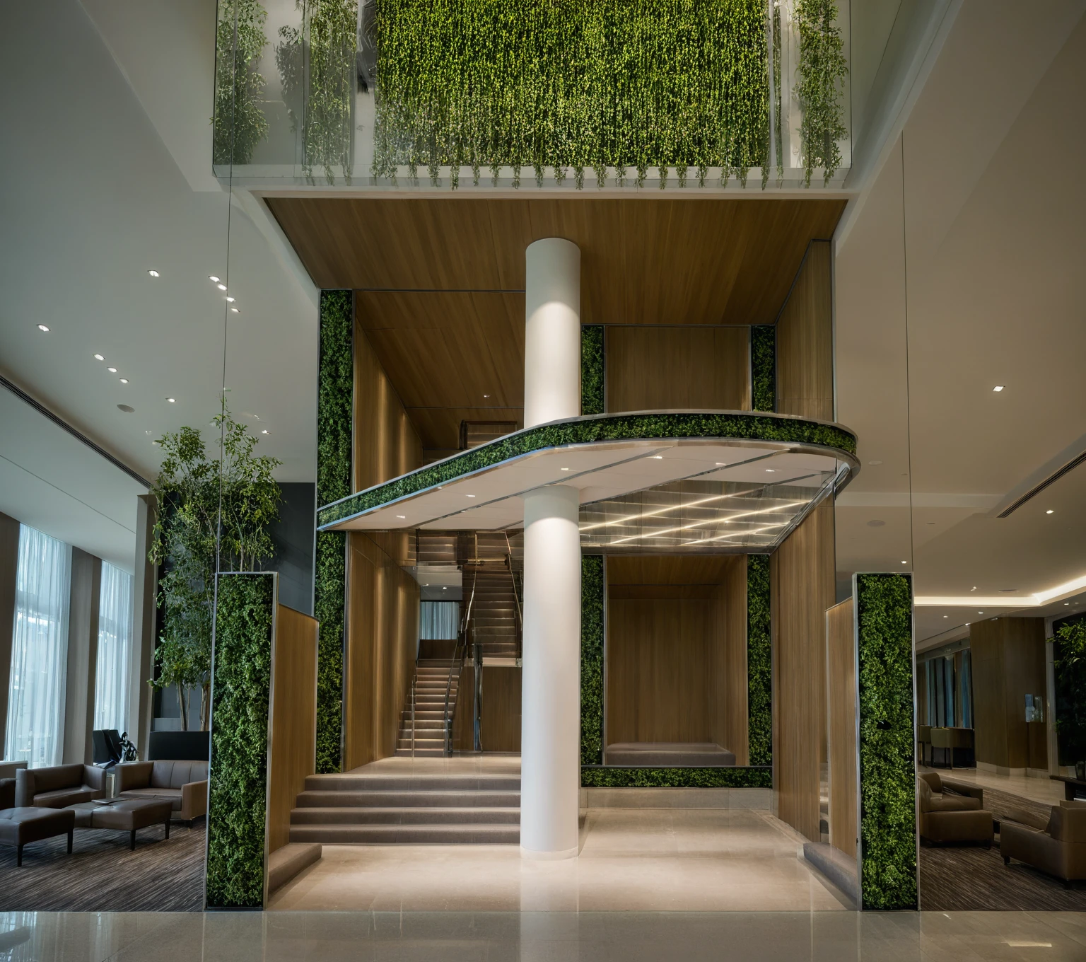 The hotel lobby boasts a sleek, modern design characterized by the extensive use of glass, allowing natural light to flood the space. The large floor-to-ceiling windows offer panoramic views of the surrounding cityscape, creating a seamless connection between the interior and exterior. The lobby features clean lines, minimalist furniture, and a neutral color palette accented with vibrant artwork and lush greenery. A spacious reception area with a glass-topped counter greets guests upon arrival, while comfortable seating areas with contemporary sofas and armchairs provide a welcoming atmosphere. The use of reflective surfaces and strategically placed lighting enhances the sense of openness and elegance, making the lobby an inviting and sophisticated space for guests. grass, trees, sky, cloud, (nightlight:1.1)