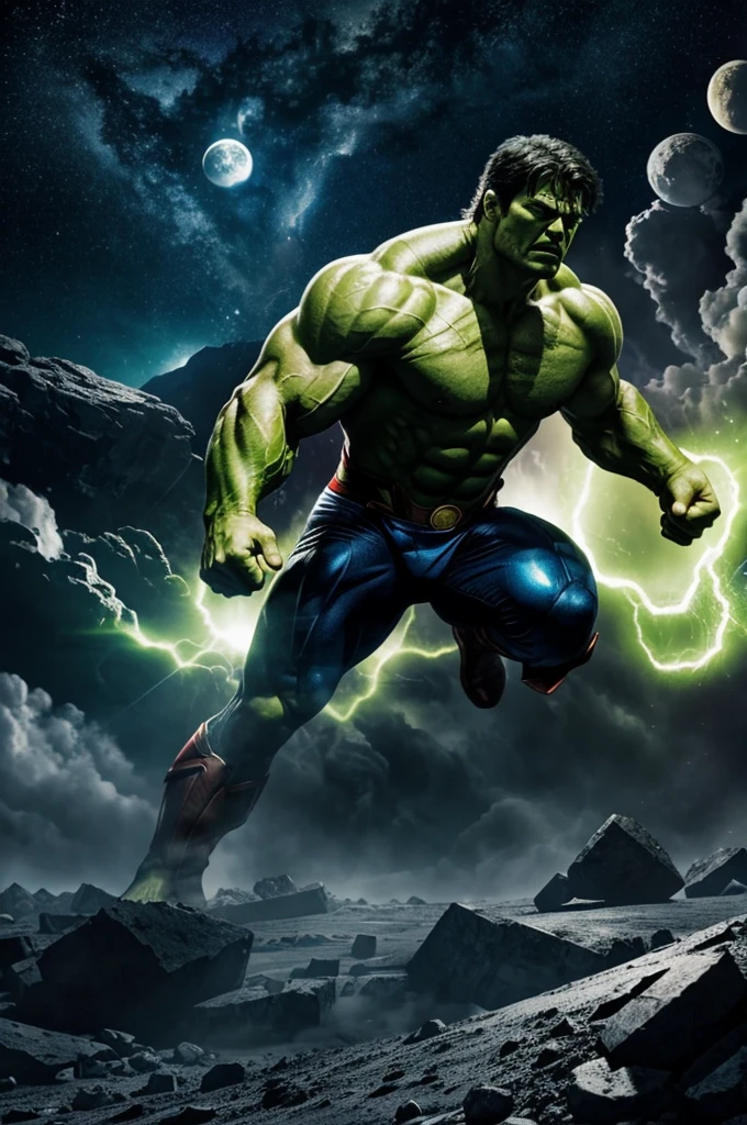 Thor , Hulk, superman,fighting on the moon .