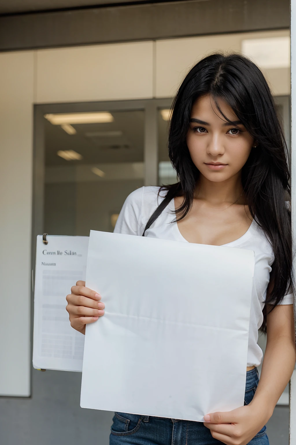 A beautiful woman with black hair and very fair skin, 20 years old, holds a sheet of notebook paper in her hand, looking towards the camera