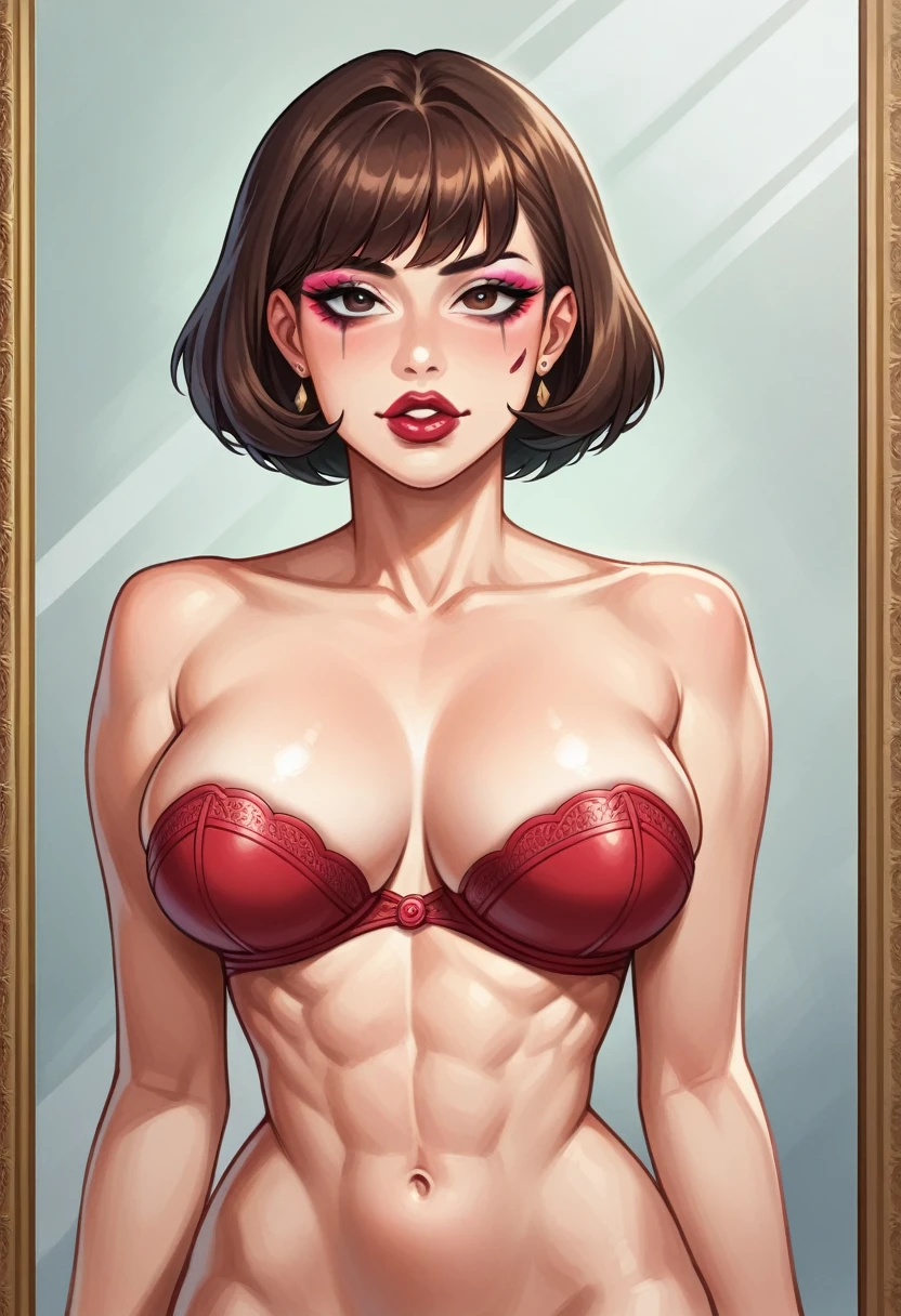 Clear focus, Korean woman. Beautiful woman with perfect body, Slim abdominal muscles Big breasts, Super detailed face, Highly detailed lips, Detailed eyes, Double eyelids, Makeup face, Lipstick. Brown short hair, Red strapless mid-tube Bra, Show only face, Pretty face. Mesmerizing, Makeup face, and lips with lipstick, Show only face, Show only face, Pretty face. Mesmerizing. Makeup face, and lips with lipstick, In front of makeup mirror, Fujicolor, Sony FE GM, Best quality, 8k, Masterpiece, super detail, highres, best quality