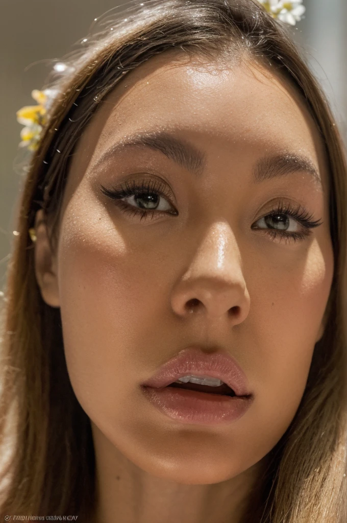 (lifelike, high quality: 1.3), best quality masterpiece, photorealistic, hyperrealistic, highres, high resolution, detailed, 8k, HDR, (Soft color: 1.2), shallow depth of field, broad light, high contrast, backlighting, bloom, good lighting quality, light sparkles, chromatic aberration, sharp focus, RAW color photo, fine skin, ((detailed facial features)), complex: 1.2, (finely detailed skin, realistic skin texture, extreme skin details, (pores:0.1), yellow-colored skin, full lips like Angelina Jolie, brown eyes like megan fox after her cosmetic surgery, straight slim nose, beautiful, 21 years old gorgeous woman, half Thai woman