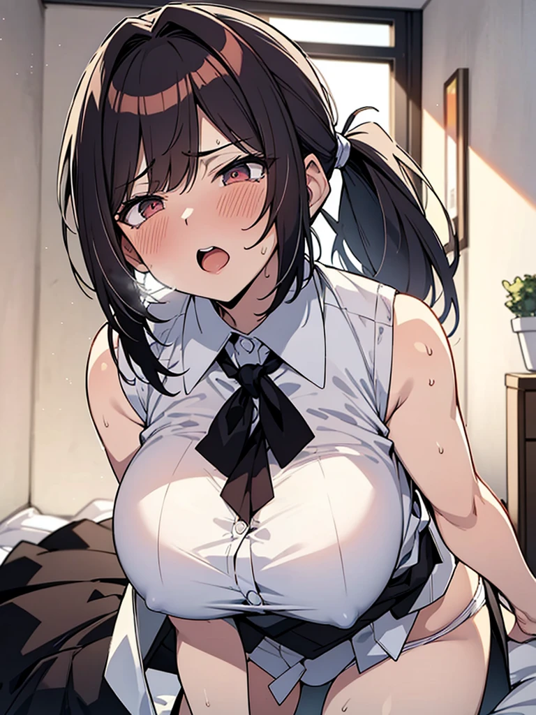 NSFW:1.9. Mature women Blowjob:2.4 Open your mouth wide and take the penis in your mouth:2.4 Anime drawing with vivid colors Tall woman:1.9. White collared sleeveless shirt Black Skirt White underwear boobs Big breasts, sweat, troubled face, glaring, wrinkled brow, tears, flushed cheeks, night:1.3 Apartment bedroom, white sheets, short black hair, ponytail:1.9 Straight hair, bangs swept to the side:1.9 Red hair tie, narrow eyes, brown eyes, tall, strong-willed, beautiful