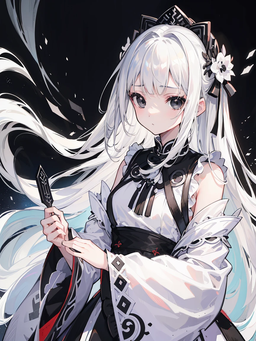 (Top image quality)、(Very detailed)、(Facing forward)、Top quality、masterpiece、(((1 girl )))、Silver Hair、White hair、((Long hair))、Weaving、(black eyes:1.6)、(White and black cheongsam)、Hooded dress、Lots of decorations、Lots of ribbons、White Ribbon、She looked grim.、Fluffy loose hair、Hanfu