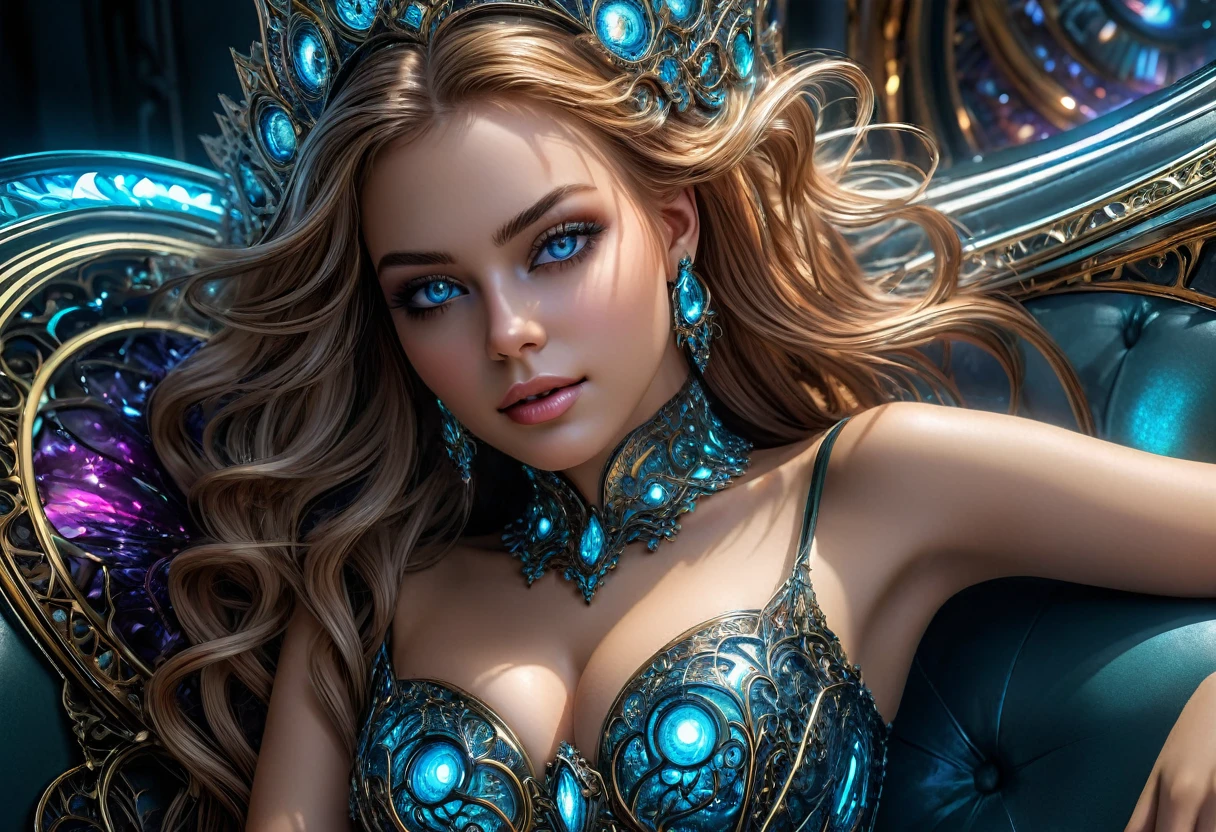 année 2100, La femme du futur alangui sur un sofa complexe, plan large, corps entier, souriante et radieuse, bustier étroit incrusté de fines dentelles techniques complexe fractal, bustier effet push-up, complexe, élégante et sensuelle, yeux sublime et intenses, yeux très détaillés, très détaillé, moderne, scifi, digital photography, (cheveux très long), verre brisé, (chef-d'oeuvre artistique, Éclairage latéral, HDR, Réaliste, HD), sublime grosse poitrine push-up,