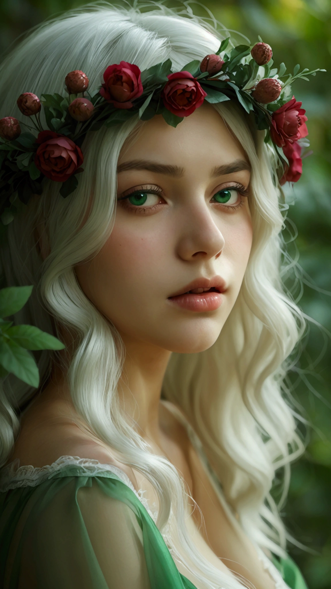 (Masterpiece) 8K resolution, top quality, woman shedding a single tear, beautiful person, thin long eyebrows, platinum blonde long hair, hair fluttering in the wind, emerald eyes, moon darkness, rose garden, model style,