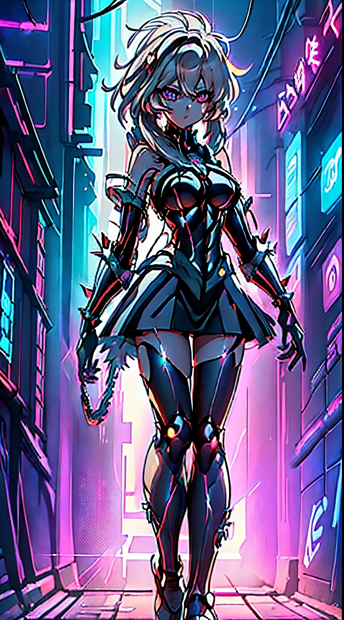 top-quality、Top image quality、​masterpiece、Android Girl(( 、Broken, skinny , cybersuit glowing black, red and white、neon  energy source for the chest 、Light blue shiny hair、Long hair , spiky hair, messy hair, long fringe on hair, holding a chain whip, chains around her body, giant chains, Cyber Skirt、purple neon eyes 、Valley、Happiness、A slender)）hiquality、Beautiful Art、Background streets (cyberpunk city、masutepiece、Elaborate design、visualart、Theatrical films, glowing neon eyes, cyberpunk, futuristic, white silver hair, no pupils on eyes