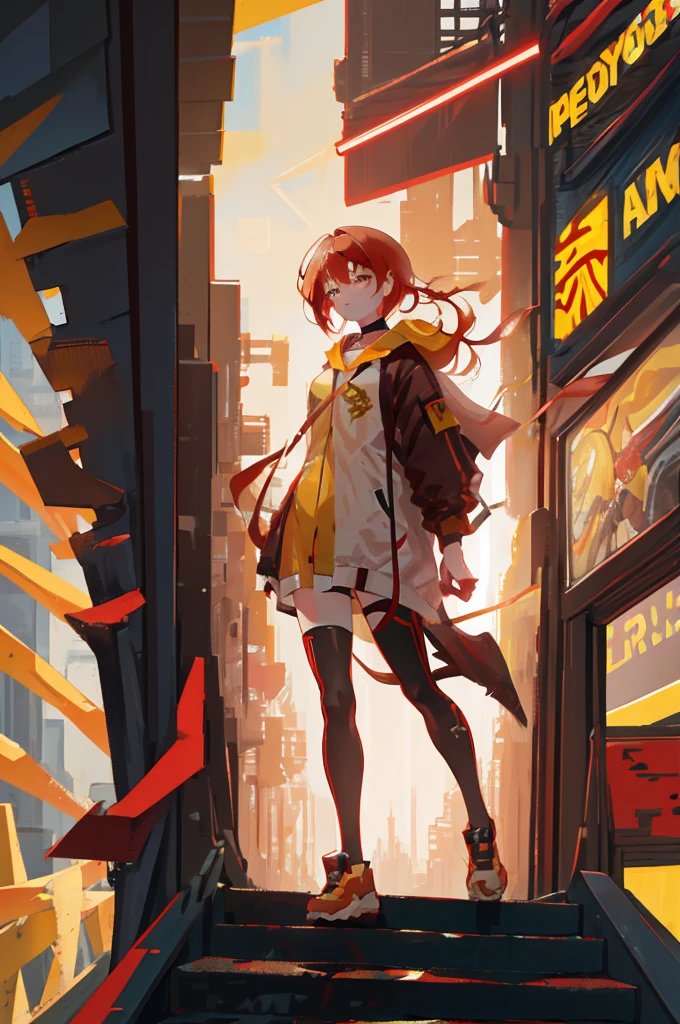 　Red Hair　Yellow Eyes　Bob　外はねBob　Confused eyes　Bob　Red Hair　Thick, vibrant red hair　Bob　female性　female　Cyberpunk Costume　Yellow costume　黄色いCyberpunk Costume　Dynamic pose　battle　electricity　Bobヘア electricityを操る　外跳ねBob