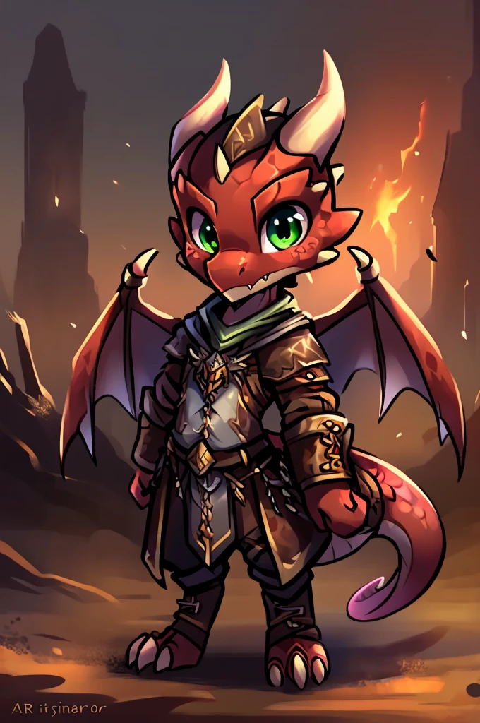 (((kobold,male, solo, winged kobold boy, dark red scales,fantasy clothes, artficer,steampunk, dragon wings, dragon tail, small, chibi))), artficer clothes, warm color clothes, fantay clothes,sea green eyes, artficer,small heigth, 54 centimertes heigth,horns, claws, tail, scales, fangs, masterpiece, cute, (((fullbody))), male
