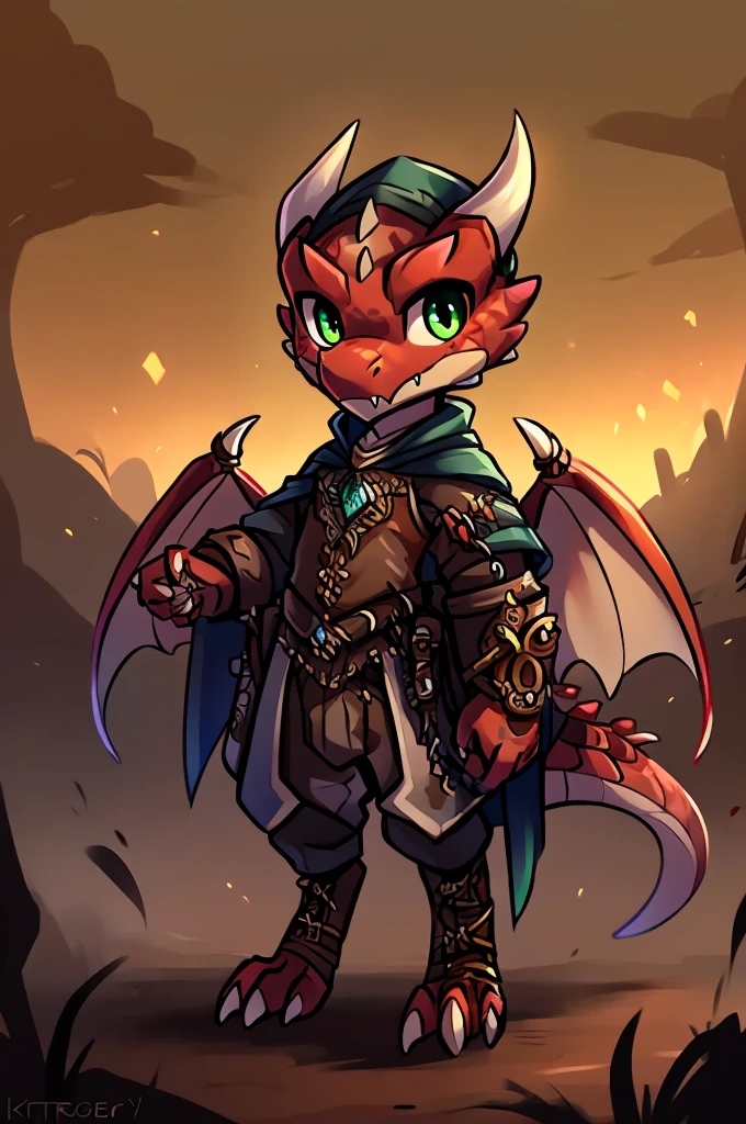 (((kobold,male, solo, winged kobold boy, dark red scales,fantasy clothes, artficer,steampunk, dragon wings, dragon tail, small, chibi))), artficer clothes, warm color clothes, fantay clothes,sea green eyes, artficer,small heigth, 54 centimertes heigth,horns, claws, tail, scales, fangs, masterpiece, cute, (((fullbody))), male