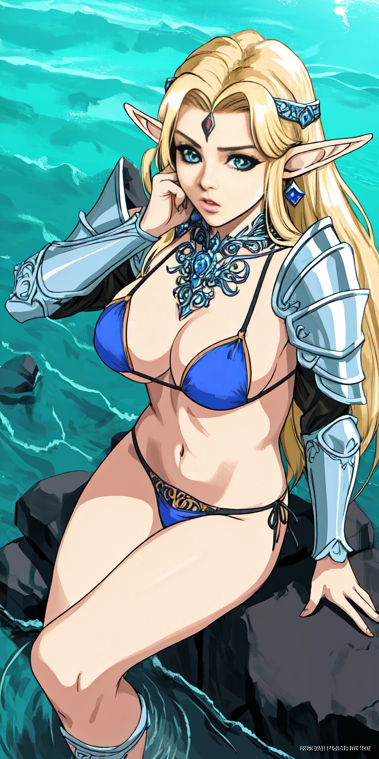 woman in a blue bikini sits on a rock next to a body of water, ornate bikini armor, goddess of the sea, portrait of female black elf warrior, detailed fantasy art, Extremely detailed Artgerm, realistic Alexis Texas blonde long messy hair, long elf ears