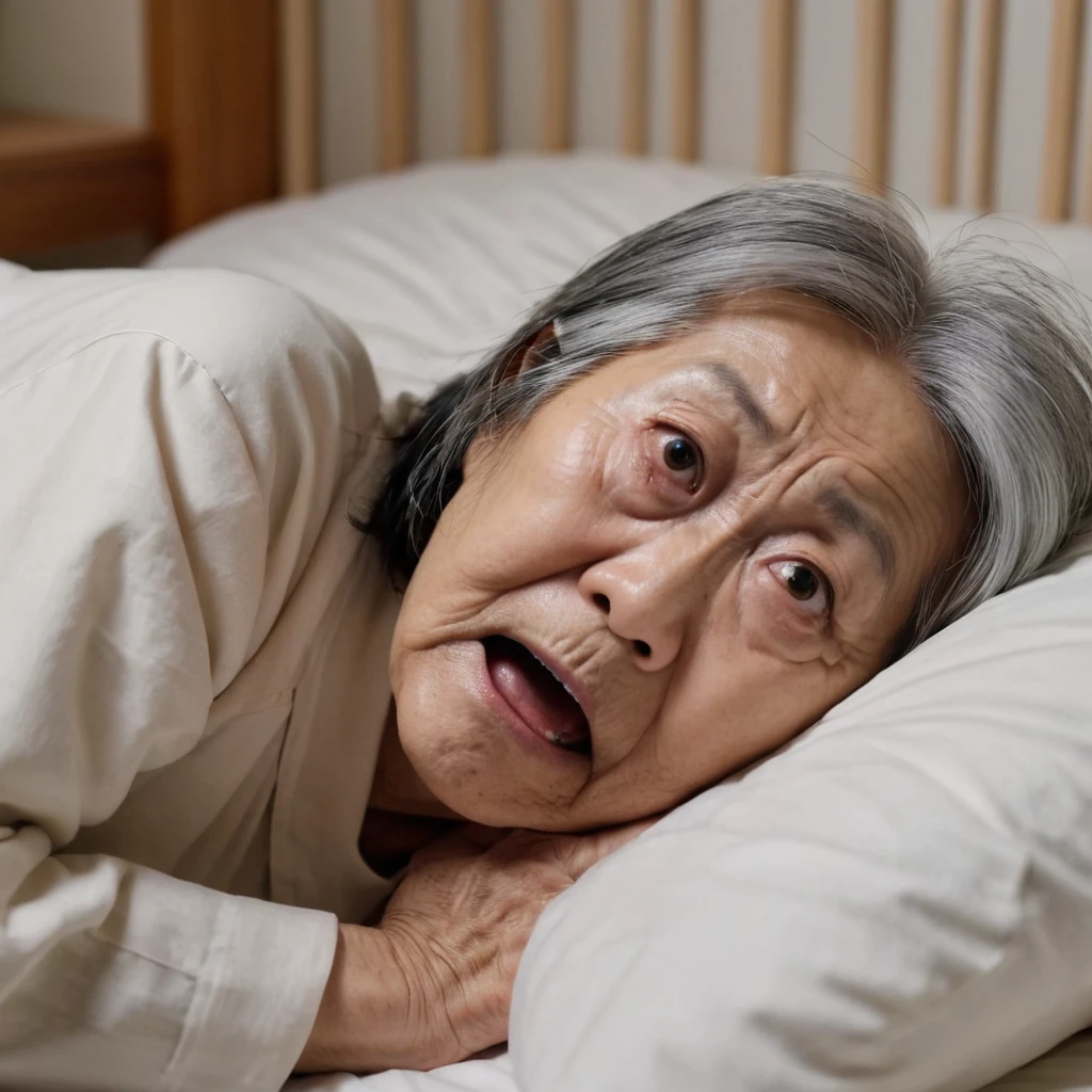 Close up of (Lying in bed) 70-year-old Japanese woman wakes up with confused and scared expression,