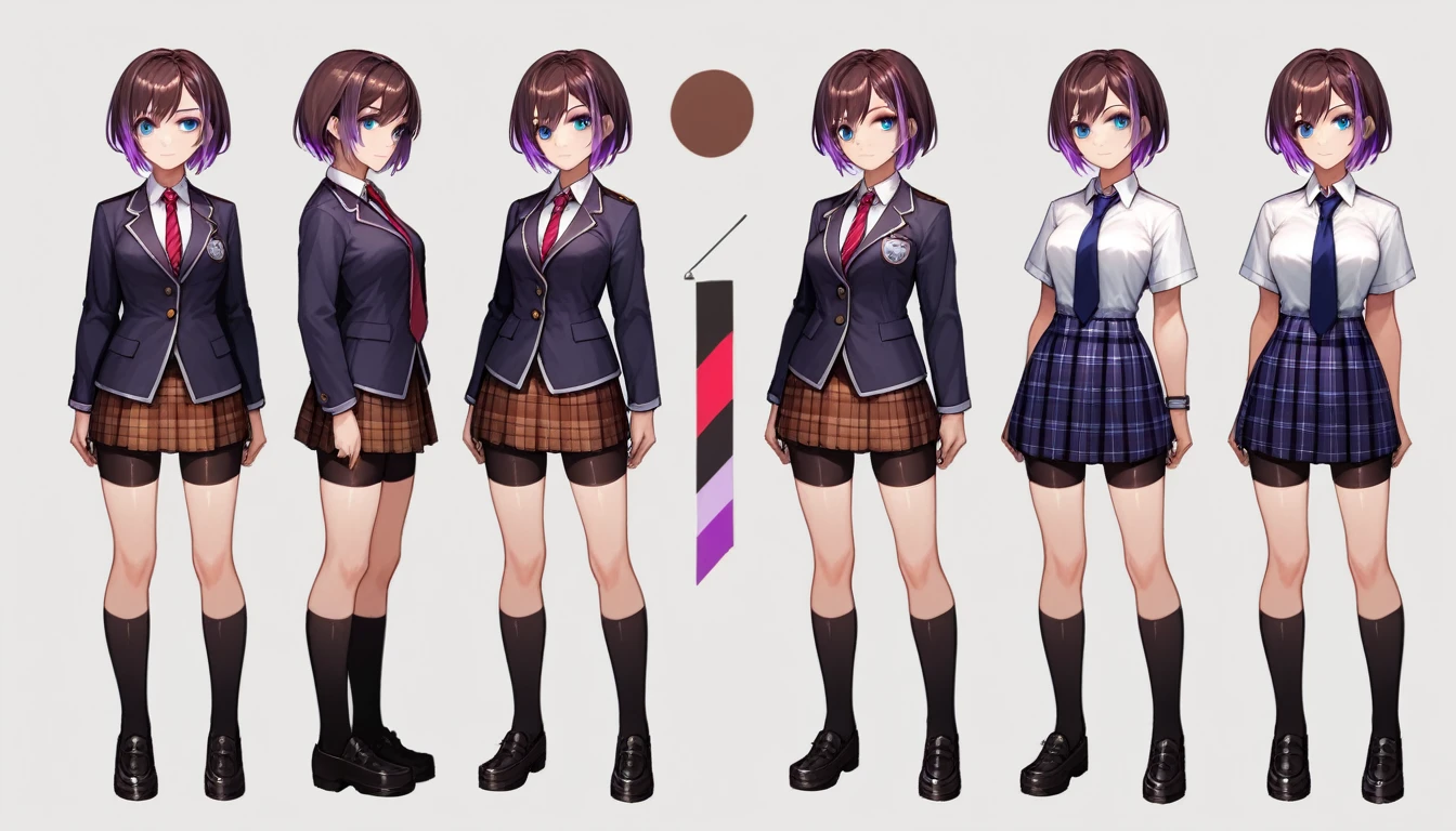 Solo, score_9,score_8_up,score_7_up, source_girl, school girl, teenage female, brown hair, wearing black bike shorts, black spandex shorts, 1.3, necktie, wearing school clothes, school outfit, standing, solo, full body, blue eyes, , plaid skirt, black spandex shorts, (short hair), character design, paper doll sheet, (purple highlights), brown hair,