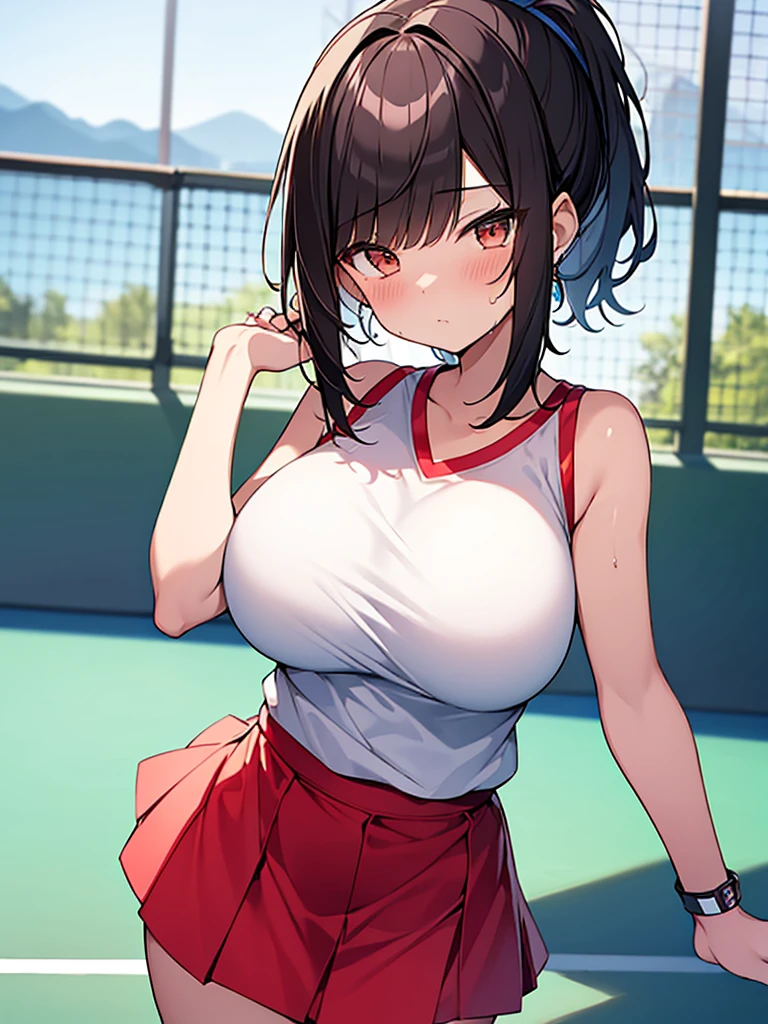 (NSFW 10.0) girl, athletic, gym uniform, headband, running, muscular, sweaty, tan lines, see through clothing, semi transparent white shirt, semi transparent red bottom, running shoes, nipples, areola, huge breasts, muscular, out of breath, angry, steaming, park, sunny,