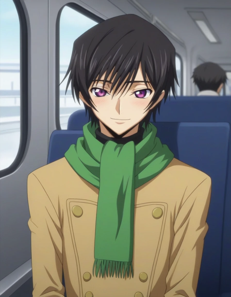 score_9, score_8_up, score_7_up, source_anime, rating_safe, intricate details, anime screencap, , , looking at viewer, depth of field, 1boy, solo, male focus, lelouch_lamperouge, black hair, purple eyes, bangs, smile, blush, cute, black winter, green scarf, chair sit down, train, day.