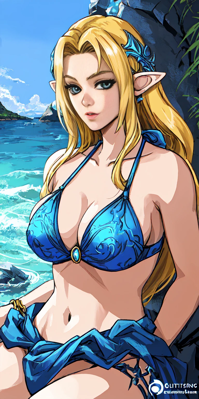 woman in a blue bikini sits on a rock next to a body of water, ornate bikini armor, goddess of the sea, portrait of female black elf warrior, detailed fantasy art, Extremely detailed Artgerm, realistic Alexis Texas blonde long messy hair, long elf ears