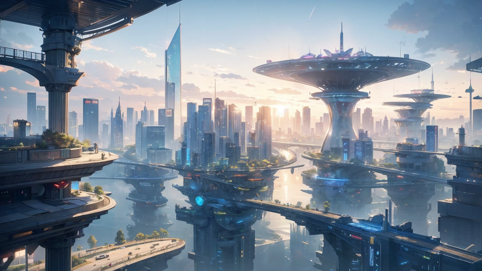 (Best quality,4K,8K,A high resolution,Masterpiece:1.2),Ultra-detailed,(Realistic,Photorealistic,photo-realistic:1.37),Futuristic floating city,Futuristic technology,Huge urban high-tech tablet platform,Airship,Floating in the sky,Futuristic city,Small airships around,High-tech hemispherical platform,Colorful lights,Advanced architecture,modernn architecture,skyscrapper,Access the cloud,Scenic beauty,view over city,Impressive design,Blend seamlessly with nature,energetic and vibrant atmosphere,Futuristic transportation system,Parking is suspended,Transparent path,Lush greenery,Sky gardens,cascading waterfalls,Magnificent skyline,reflections on the water,Sparkling river,Architectural innovation,futuristic skyscrapers,Transparent dome,The shape of the building is unusual,Elevated walkway,Impressive skyline,Glowing lights,Futuristic technology,Minimalist design,Scenic spots,Panoramic view,Cloud Piercing Tower,Vibrant colors,epic sunrise,epic sunset,Dazzling light display,magical ambiance,The future city,Urban Utopia,LuxuryLifestyle,Innovative energy,sustainable development,Smart city technology,Advanced infrastructure,Tranquil atmosphere,Nature and technology live in harmony,Awesome cityscape,Unprecedented urban planning,Architecture connects seamlessly with nature,High-tech metropolis,A cutting-edge engineering marvel,The future of urban living,Visionary architectural concept,Energy-efficient buildings,Harmony with the environment,A city floating above the clouds,Utopian dreams become reality,The possibilities are endless,State-of-the-art transportation network,Green energy integration,Innovative materials,Impressive holographic display,Advanced communication system,Breathtaking aerial view,Quiet and peaceful environment,Modernist aesthetics,Ethereal beauty