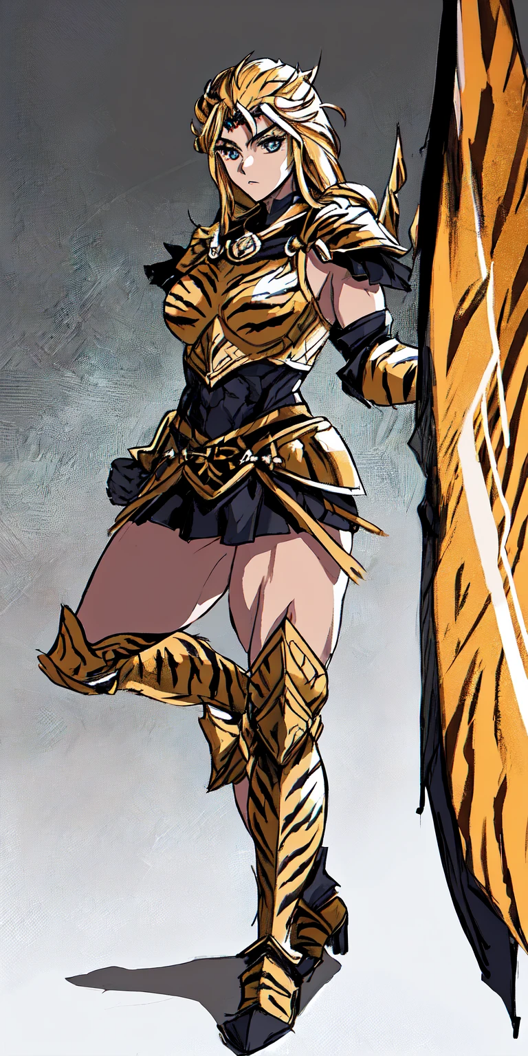 1 Girl (implying one person, likely female) Full Body: Standing with perfect symmetry Muscular Build: Strong and defined physique Turned Arms: Muscular arms positioned behind her back Theme: Epic Fantasy: Set in a fantastical world Asgard: Inspired by Norse mythology (can be subtle or more prominent) Valkyrie/Lady Knight: Combining elements of a fierce warrior and noble protector A motif incorporated into her armor, clothing, or environment (tiger stripes, or a tiger pelt cloak) Visual Style: Hyper Realistic: Incredibly lifelike detail Masterpiece: Exceptional quality 8K Resolution: Sharp and high definition Detailed Drawing: Intricate and richly textured Superior Quality: The best possible rendering Epic Composition: Dramatic and visually stunning