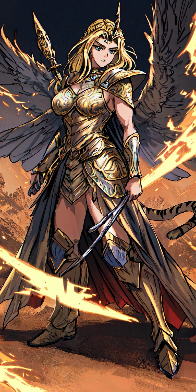 1 Girl (implying one person, likely female) Full Body: Standing with perfect symmetry Muscular Build: Strong and defined physique Turned Arms: Muscular arms positioned behind her back Theme: Epic Fantasy: Set in a fantastical world Asgard: Inspired by Norse mythology (can be subtle or more prominent) Valkyrie/Lady Knight: Combining elements of a fierce warrior and noble protector A motif incorporated into her armor, clothing, or environment (tiger stripes, or a tiger pelt cloak) Visual Style: Hyper Realistic: Incredibly lifelike detail Masterpiece: Exceptional quality 8K Resolution: Sharp and high definition Detailed Drawing: Intricate and richly textured Superior Quality: The best possible rendering Epic Composition: Dramatic and visually stunning