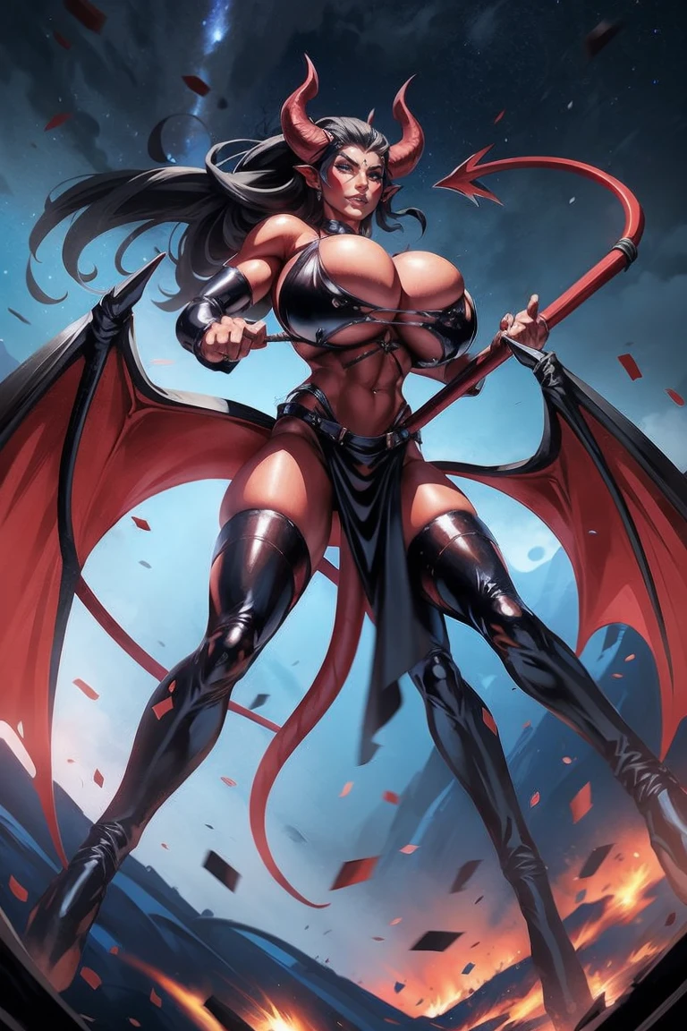 Red skin succubus tiefling, digitigrade legs, full breasts, medium breasts, black horns, wings, huge tail, black leather, crop top, cleavage, long flowing pelvic curtain, tall, toned, graceful, thin, long black ponytail. Action scene, whip. Dark scene, explosions, night sky.