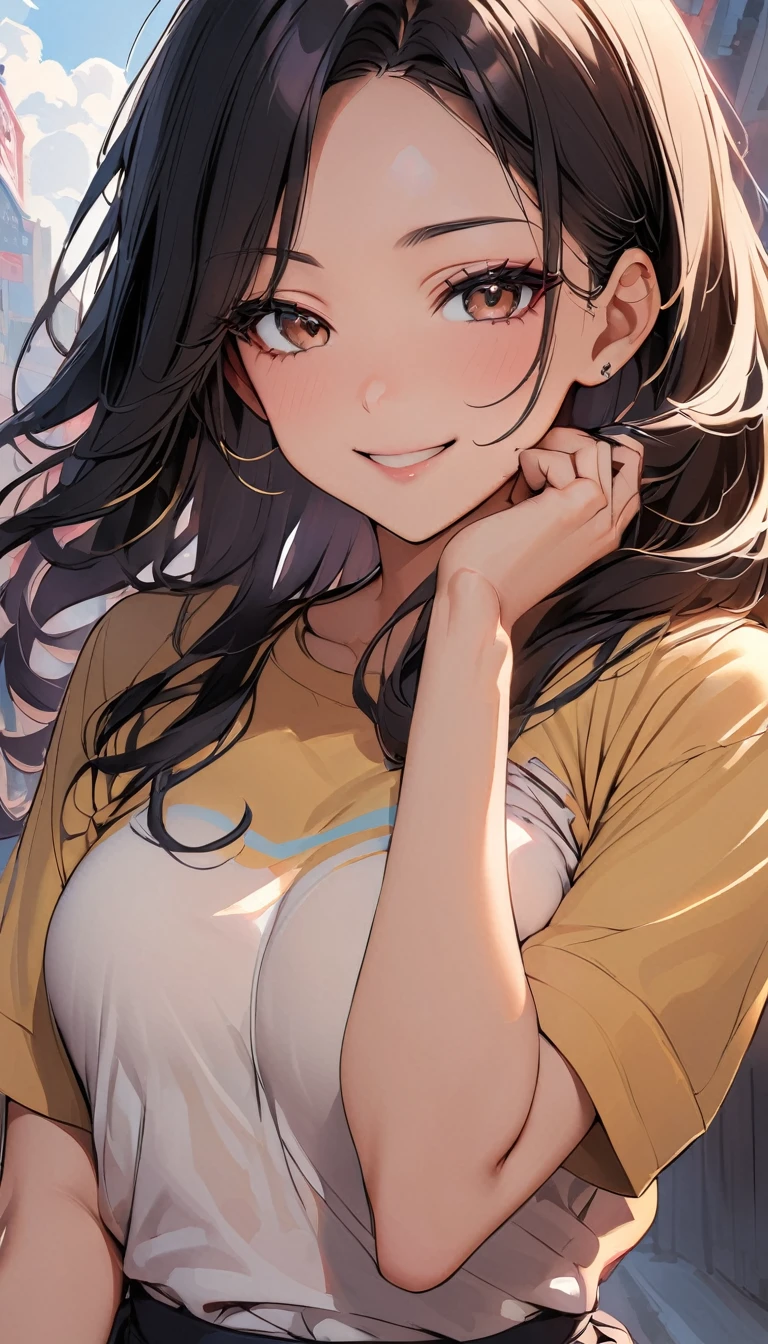 a woman with long black hair is smile.