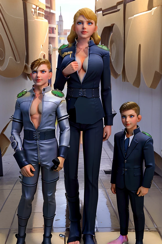 Tall wife in the middle, short husband in the left, short son in the right, beautiful faces, wife is wearing suit and pants, wife has big , wife is showing cleavage, wife is ripped, wife's suit has a belly button cutout, wife has ripped visible abs, make the girls even more taller than the boys, boys are very thin and weak, boys wearing suit and pants, wife is standing barefoot, boys are wearing office shoes