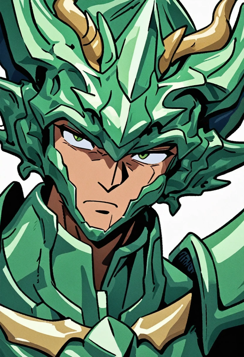 Man in green metallic armor, Cel animation style, The armor is decorated with dragon heads., I can see your real face, Super beautiful image quality, Professional painter, Highest quality