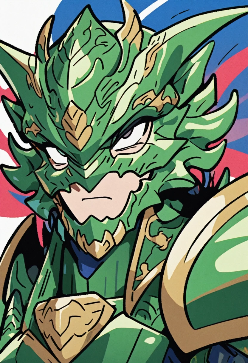 Man in green metallic armor, Cel animation style, The armor is decorated with dragon heads., I can see your real face, Super beautiful image quality, Professional painter, Highest quality