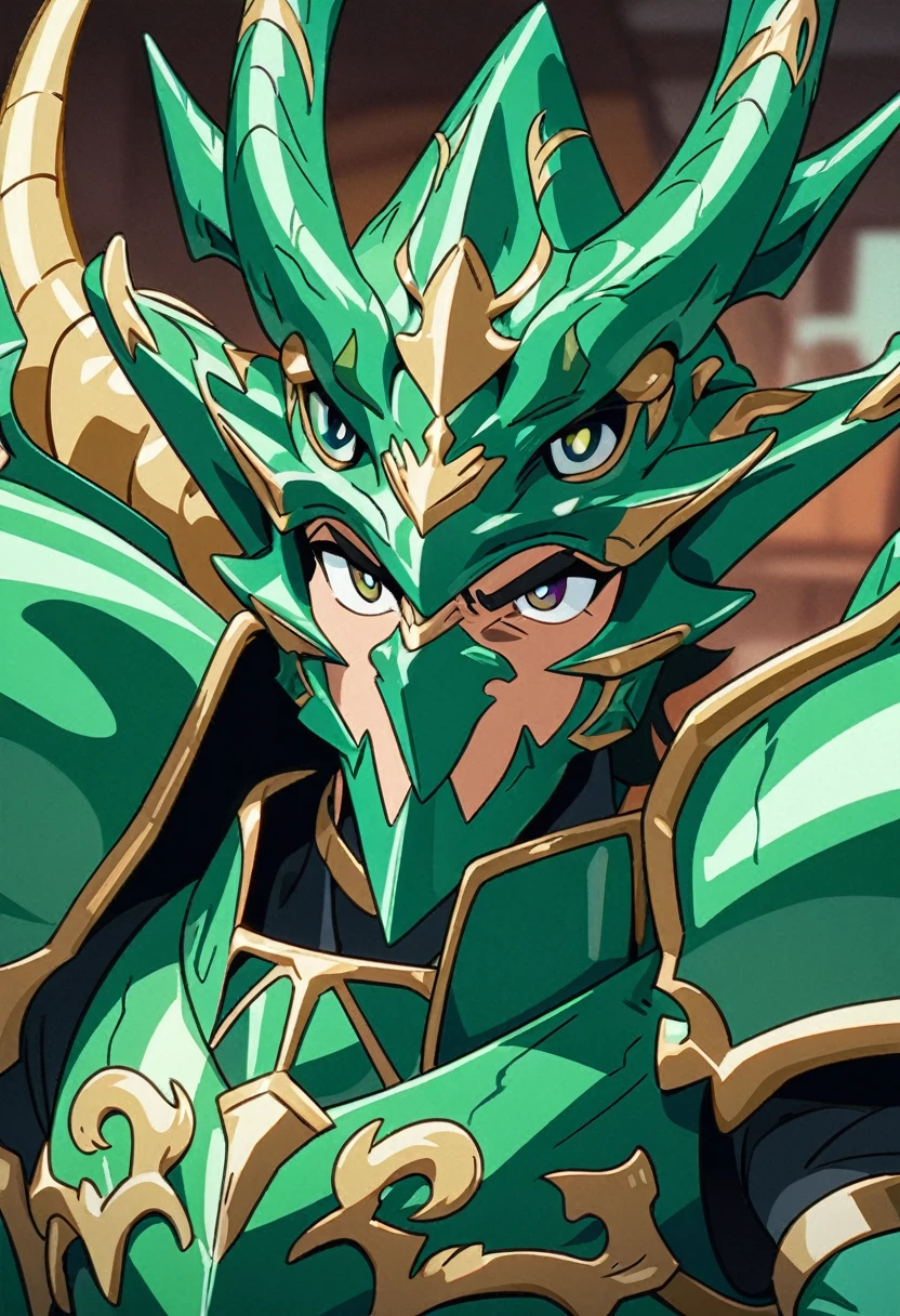 Man in green metallic armor, Cel animation style, The armor is decorated with dragon heads., I can see your real face, Super beautiful image quality, Professional painter, Highest quality