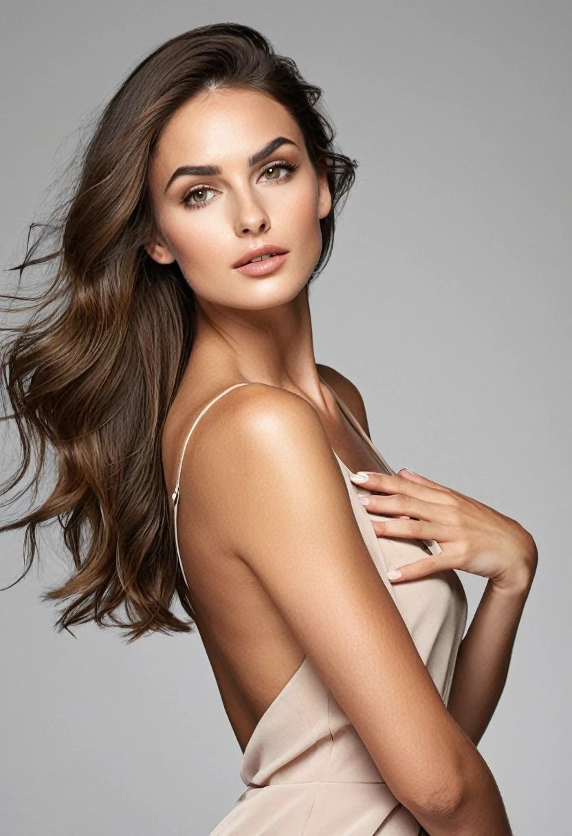 beautiful brunette, (((oval face shape with golden proportions, tall and defined cheekbones, gently angular jaw, slightly pointed chin, medium forehead with gently arched hairline))), wavy brown hair in a sleek half-up hairstyle, ((arched eyebrows)), (((dynamic pose, jumping gracefully, open arms))). (((Whole plan, capturing full motion against a pristine white infinite background))). highy detailed, 20 year, (((dark brown eyes, almond))). (((Nose with straight back, slightly rounded tip, harmonious proportion with the face, symmetrical and refined nostrils))). ((Medium, well-defined lips, soft cupid's bow, natural redness around the edges, smooth texture with visible hydration)). high resolution, work of art. Pele realista Fitzpatrick IV, texture of "Orange peel" subtle on the cheeks, discrete nevus of Ota. ((Wearing a fluid silk jumpsuit in shades of sky blue)). excellent quality, extremely detaild, sharp focus, ((tiro com PhaseOne XF IQ4 150MP, Schneider Kreuznach 80mm LS f/2.8 Blue Ring)), ProPhoto RGB color vision. Proportionate Body, photoshot_(ultra), photoshotrrealismo, photoshotgrafia (film grain) (((Professional studio lighting with three light points, creating soft contrast and enhancing movement))) Em primeiro plano