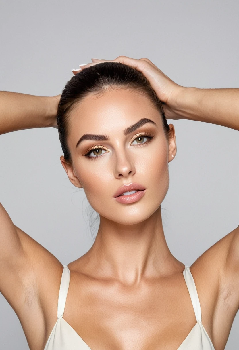 beautiful brunette, (((oval face shape with golden proportions, tall and defined cheekbones, gently angular jaw, slightly pointed chin, medium forehead with gently arched hairline))), wavy brown hair in a sleek half-up hairstyle, ((arched eyebrows)), (((dynamic pose, jumping gracefully, open arms))). (((Whole plan, capturing full motion against a pristine white infinite background))). highy detailed, 20 year, (((dark brown eyes, almond))). (((Nose with straight back, slightly rounded tip, harmonious proportion with the face, symmetrical and refined nostrils))). ((Medium, well-defined lips, soft cupid's bow, natural redness around the edges, smooth texture with visible hydration)). high resolution, work of art. Pele realista Fitzpatrick IV, texture of "Orange peel" subtle on the cheeks, discrete nevus of Ota. ((Wearing a fluid silk jumpsuit in shades of sky blue)). excellent quality, extremely detaild, sharp focus, ((tiro com PhaseOne XF IQ4 150MP, Schneider Kreuznach 80mm LS f/2.8 Blue Ring)), ProPhoto RGB color vision. Proportionate Body, photoshot_(ultra), photoshotrrealismo, photoshotgrafia (film grain) (((Professional studio lighting with three light points, creating soft contrast and enhancing movement))) Em primeiro plano
