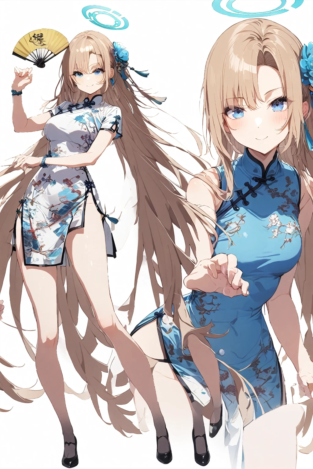 cheongsam,masterpiece,Highest quality,1girl,asuna,独奏,blue eyes,Long hair,Halo,Fighting Stance,Smile,ass pov,whole body,shoe,Very long hair,Chinese Kung Fu pose,Tai Chi,White background