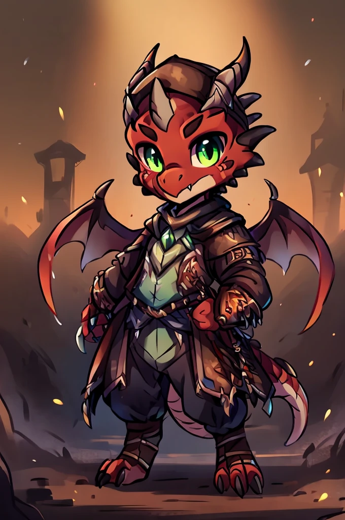 (((kobold,male, solo, winged kobold boy, dark red scales,fantasy clothes, artficer,steampunk, dragon wings, dragon tail, small, chibi))), artficer clothes, warm color clothes, fantay clothes,sea green eyes, artficer,small heigth, 54 centimertes heigth,horns, claws, tail, scales, fangs, masterpiece, cute, (((fullbody))), male
