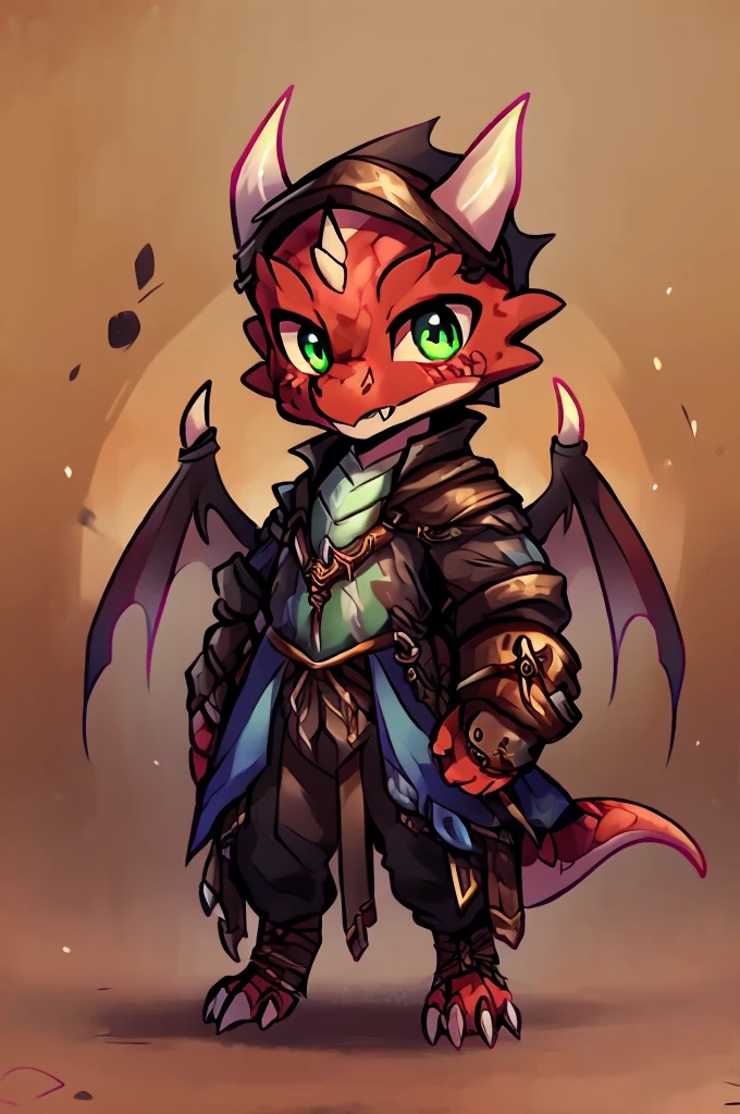 (((kobold,male, solo, winged kobold boy, dark red scales,fantasy clothes, artficer,steampunk, dragon wings, dragon tail, small, chibi))), artficer clothes, warm color clothes, fantay clothes,sea green eyes, artficer,small heigth, 54 centimertes heigth,horns, claws, tail, scales, fangs, masterpiece, cute, (((fullbody))), male