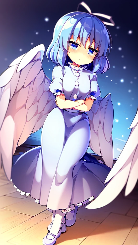 (best quality,4k,8k,highres,masterpiece:1.2), top-quality(masterpiece), top-quality, ultra-detailed, highly detailed texture, intricate details, high quality textures, A cute teenage angel with blue eyes, big pink ribbon in her hair, drawn in anime style, 1girl, (((1girl in))), , , (((loli))), ((cldish)), meblue hair, hair flaps, pink ribbon on head, well-formed face, Beautiful face, blue eyes, pretty eyes, angel girl, white blouse, puffy short sleeves, red ribbon, angel wings, long white skirt, red shoes, frills, ribbon head, A pair of angel wings on the back, clean line drawings, cute