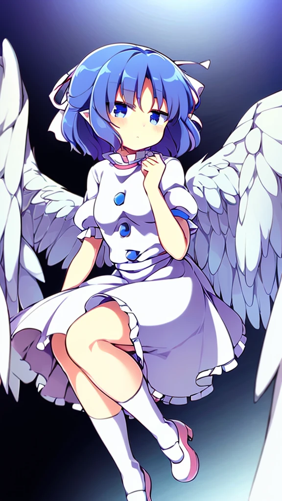 (best quality,4k,8k,highres,masterpiece:1.2), top-quality(masterpiece), top-quality, ultra-detailed, highly detailed texture, intricate details, high quality textures, A cute teenage angel with blue eyes, big pink ribbon in her hair, drawn in anime style, 1girl, (((1girl in))), , 10 years old, (((loli))), ((childish)), medium blue hair, hair flaps, pink ribbon on head, well-formed face, Beautiful face, blue eyes, pretty eyes, angel girl, white blouse, puffy short sleeves, red ribbon, angel wings, long white skirt, red shoes, frills, ribbon head, A pair of angel wings on the back, clean line drawings, cute