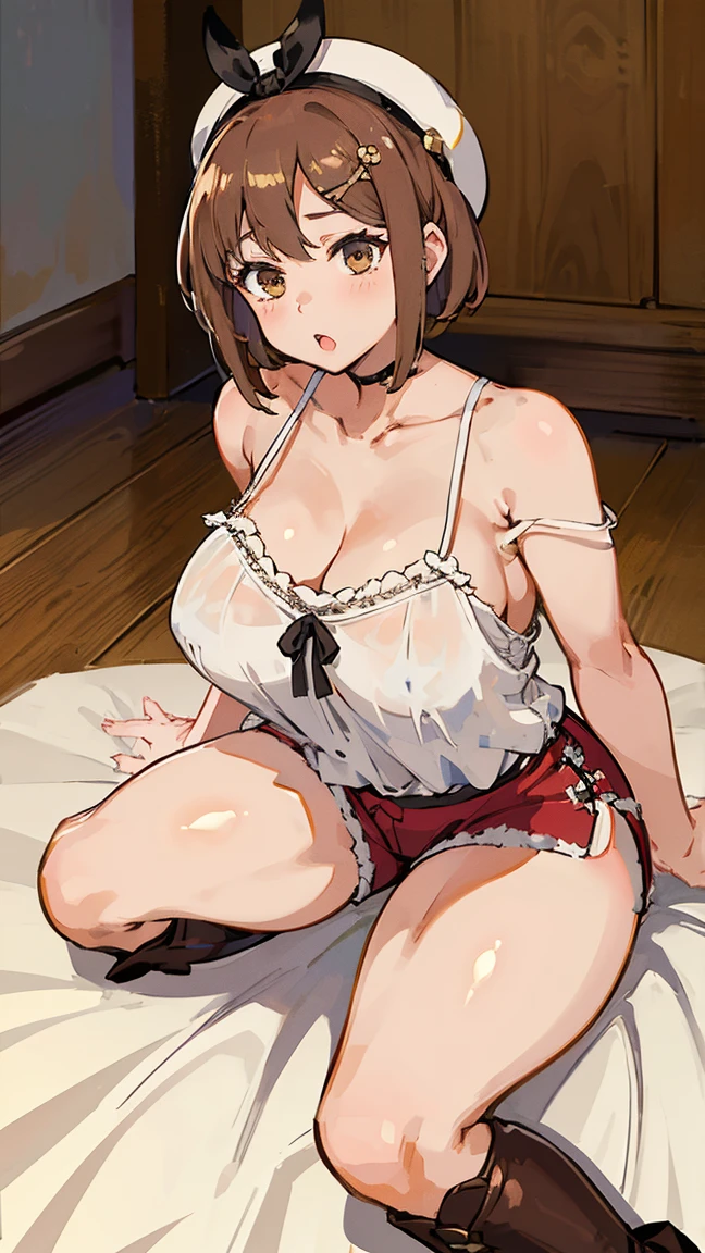 (Highest quality, 8k, masterpiece :1.3),Lizaリン・シュタウト(Lizaのアトリエ),Liza, One woman,Large Breasts,short hair,Brown Hair,hair band,Clothing,hat,White shirt,White camisole,Red shorts,Brown long boots,Blowjob,nsfw,Plump body,Thighs,Full Nelson