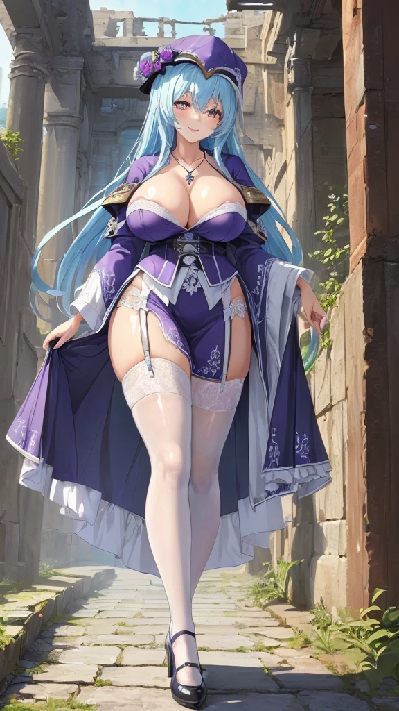 ((masterpiece, ultra detailed, UHD)) cute 1girl, 16-years-old, very-long-curl-hair. between-eyes-hair, BREAK (gigantic breasts:1.2), slender-body, thin-waist, curvy, beautiful-leggy, BREAK ultra detailed-face, Attractive-lips, (ultra-detailed-yellow-cute-eyes), masterpiece-ultra-hires, BREAK (porcelain and Translucent shiny skin:1.2), (sweaty skin:0.7), BREAK ultra detailed shiny-pastel-blue-hair, Precise anatomy, (Happy Smile), BREAK (standing, lifted-by-self ), (looking-down, from-below, ground-level-shot), Balance, full body, Sony FE GM 24 mm, (Professional lighting), BREAK (ultra-detailed-violet-pope-Robe), ultra-detailed-Scapular, cross-necklace-on-chest , detailed-pope-hat, detailed-garter-belt-stockings, BREAK ultra detailed Dilapidated Ancient ruins background, BREAK masterpiece, ultra detailed, extremely detailed CG unity 8k atmospheric perspective