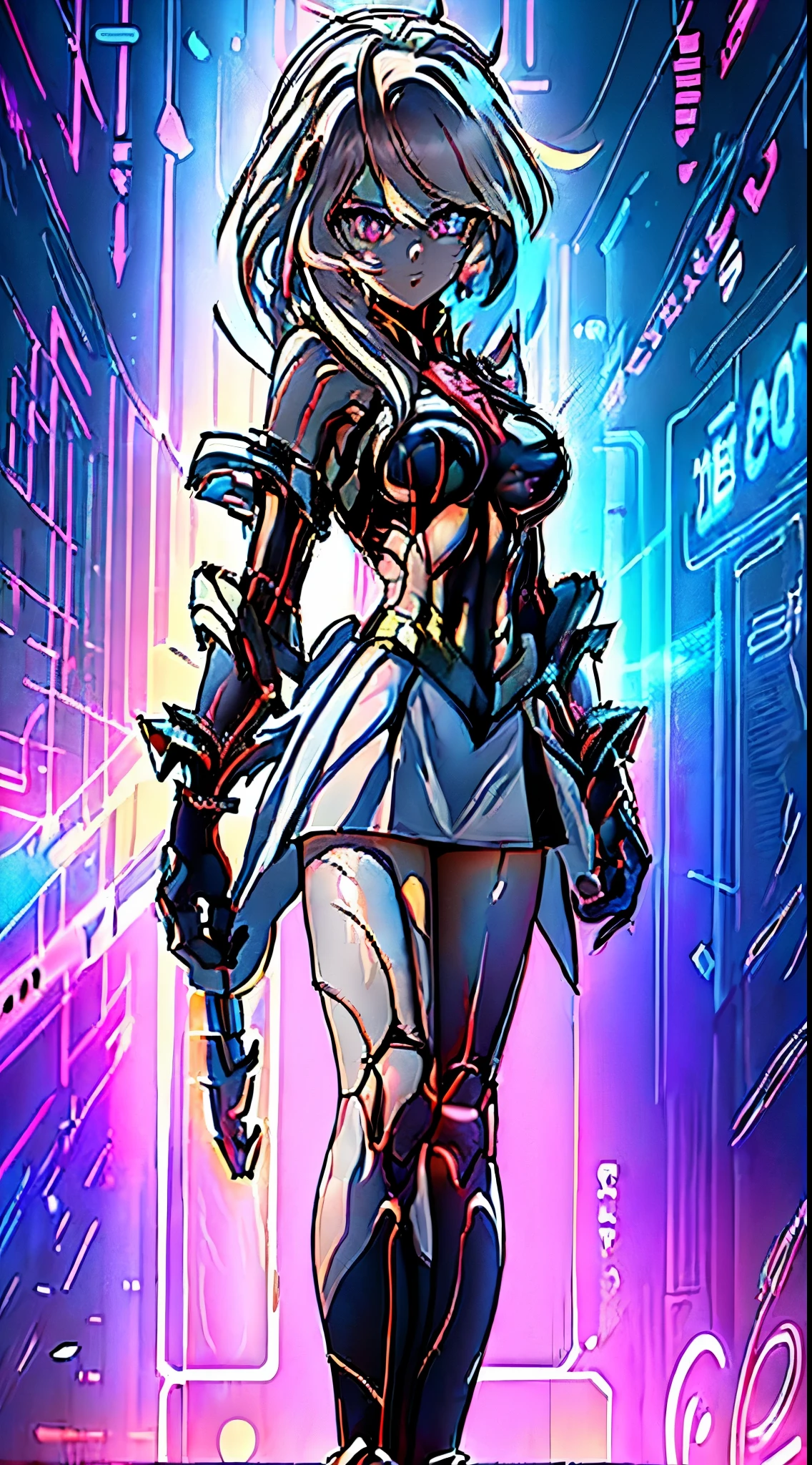 top-quality、Top image quality、​masterpiece、Android Girl((sixteen years old 、Broken, skinny , cybersuit glowing black, red and white、neon  energy source for the chest 、Light blue shiny hair、Long hair , spiky hair, messy hair, long fringe on hair, holding a chain whip, chains around her body, giant chains, Cyber Skirt、purple neon eyes 、Valley、Happiness、A slender)）hiquality、Beautiful Art、Background streets (cyberpunk city、masutepiece、Elaborate design、visualart、Theatrical films, glowing neon eyes, cyberpunk, futuristic, white silver hair, no pupils on eyes