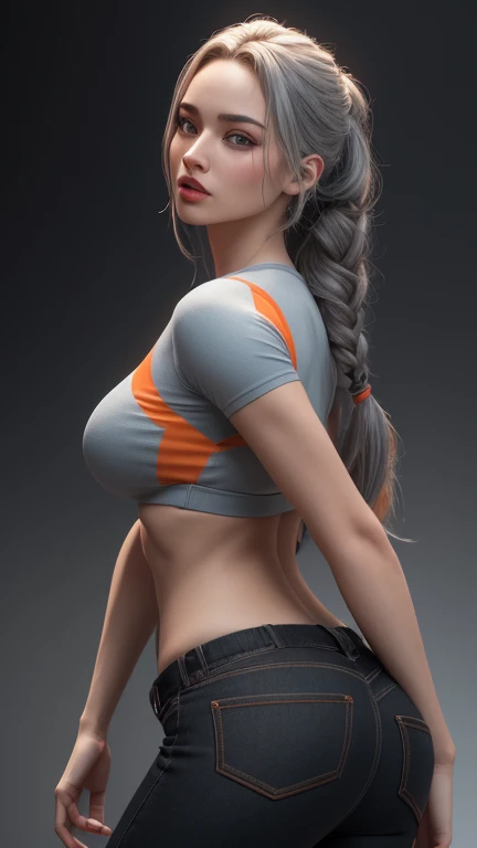 3d model, glutes bigger and Body building muscle,Two hands Self Muscles And stomach Self Muscles ،Female adult with hair gray long very and hairstyle plaits gray long very and large Very,face perfect and eyes yellow with lips red hot , she wear a pants mom blue and t-shirt taller orange, detailed perfect and quality high Hyperrealism,high quality,high detailed,ultra detailed Ultra-realism,Photorealism,Portrait,Ultra detailed,Vibrant,Rose Gold,Dark,Android Jones, figure, octane render volumetric, highly detailed videogame aesthetic, vibrant color palette, dramatic dutch light, cinematic angle composition, 50mm