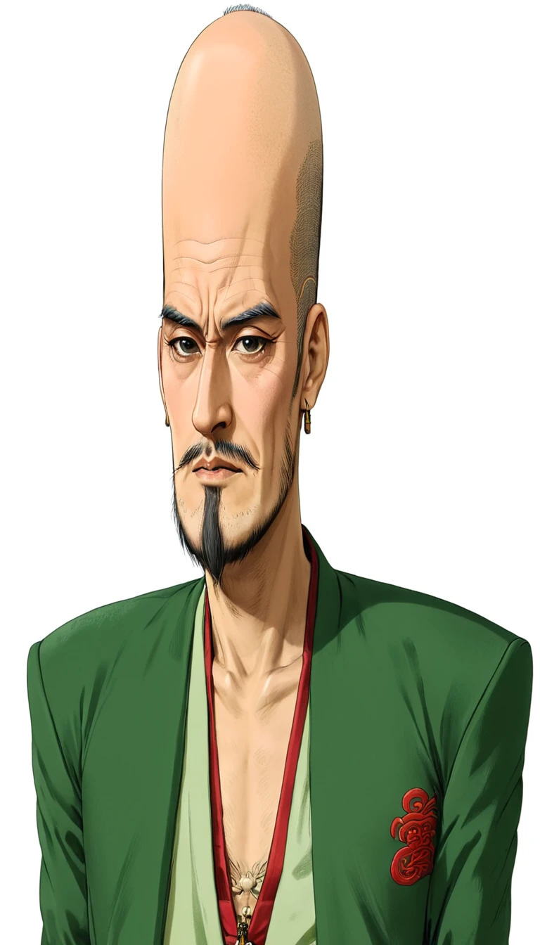 Bald man wearing a green jacket, Japanese historical figures、Oda Nobunaga, inspired by Kanō Masanobu, inspired by Kanō Sanraku, Works inspired by Toshusai Sharaku, Inspired by Takanobu Kano, or period,