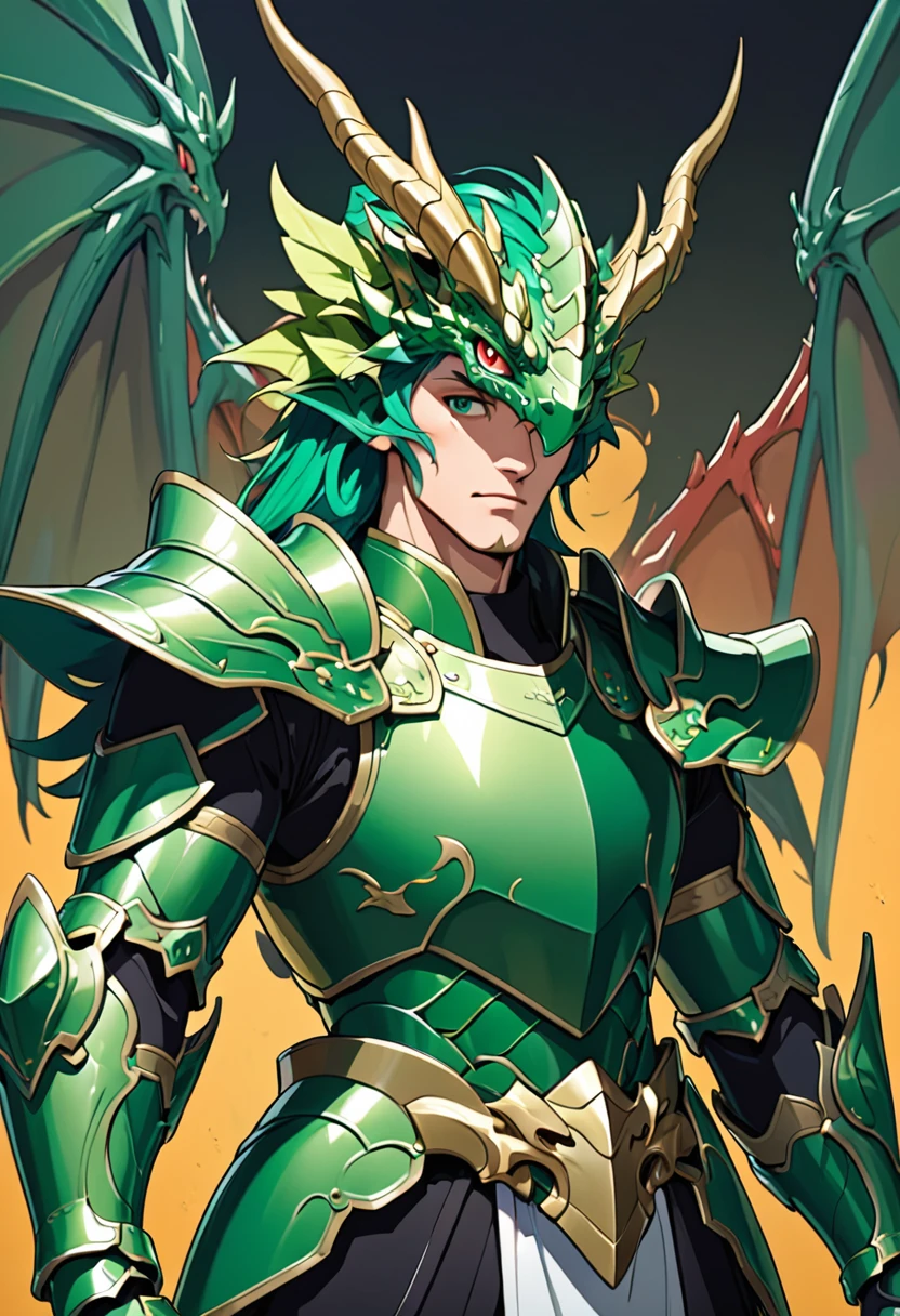 Man in green metallic armor, Cel animation style, The armor is decorated with dragon heads., I can see your real face, Super beautiful image quality, Professional painter, Highest quality