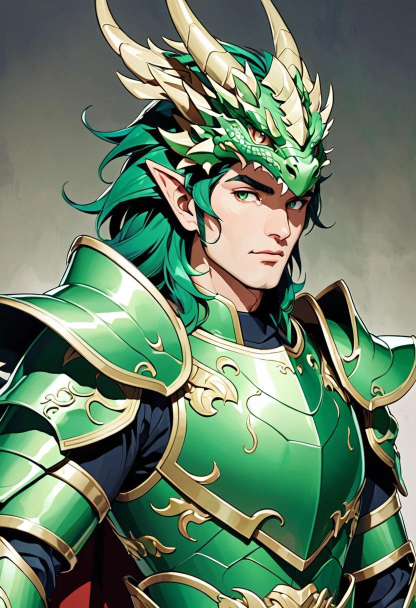 Man in green metallic armor, Cel animation style, The armor is decorated with dragon heads., I can see your real face, Super beautiful image quality, Professional painter, Highest quality