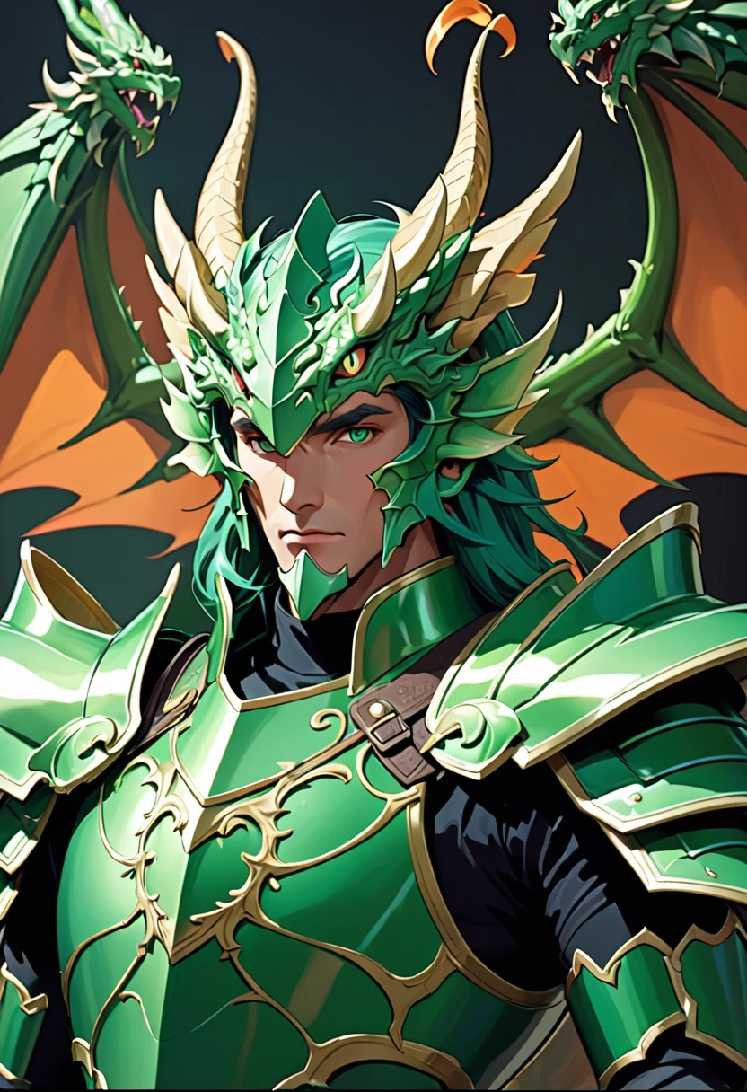 Man in green metallic armor, Cel animation style, The armor is decorated with dragon heads., I can see your real face, Super beautiful image quality, Professional painter, Highest quality