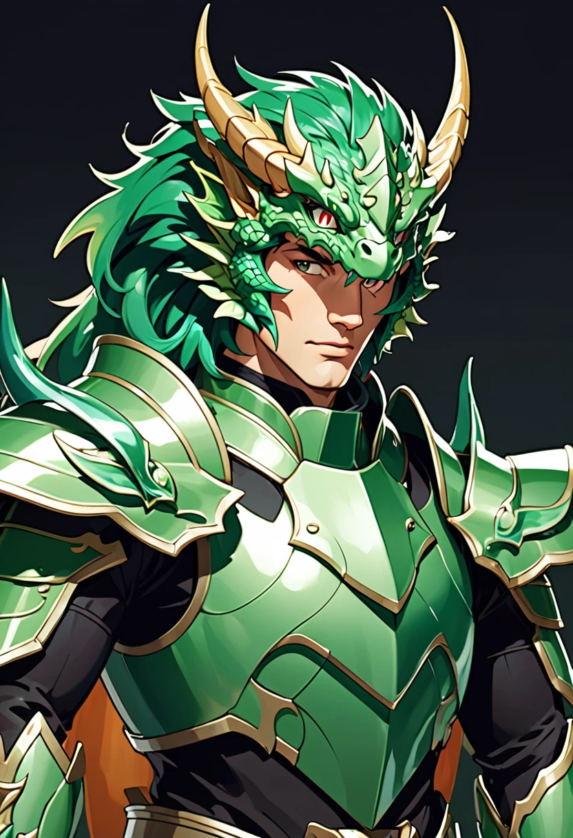Man in green metallic armor, Cel animation style, The armor is decorated with dragon heads., I can see your real face, Super beautiful image quality, Professional painter, Highest quality