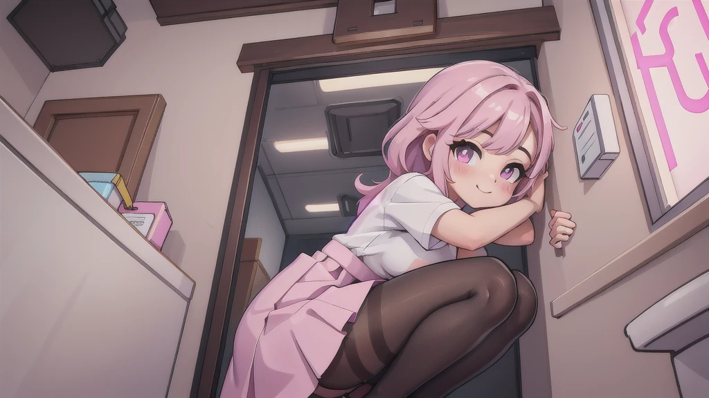 ((pantyhose))office ((big ass))((BOG TITS))((perfect face))((sexy))(((Traje office HOT))), Masterpiece, The best quality at the best, 1girll, Sakura Haruno, big breaststransparent skirt ,(neckline),(Closeup of upper body),,is shy,smile,with pink hair, Long whitish hair, There is a woman with pink hair and stockings posing in a bathroom, Lower angle, illuminated from behind, on knees, thighs and skirt, on knees, peeping from behind, thighs close up, curvy accentuated booty, Hyperrealistic in tight short dress , tucked knees, bend, hugging his knees, illuminated from below, View from behind