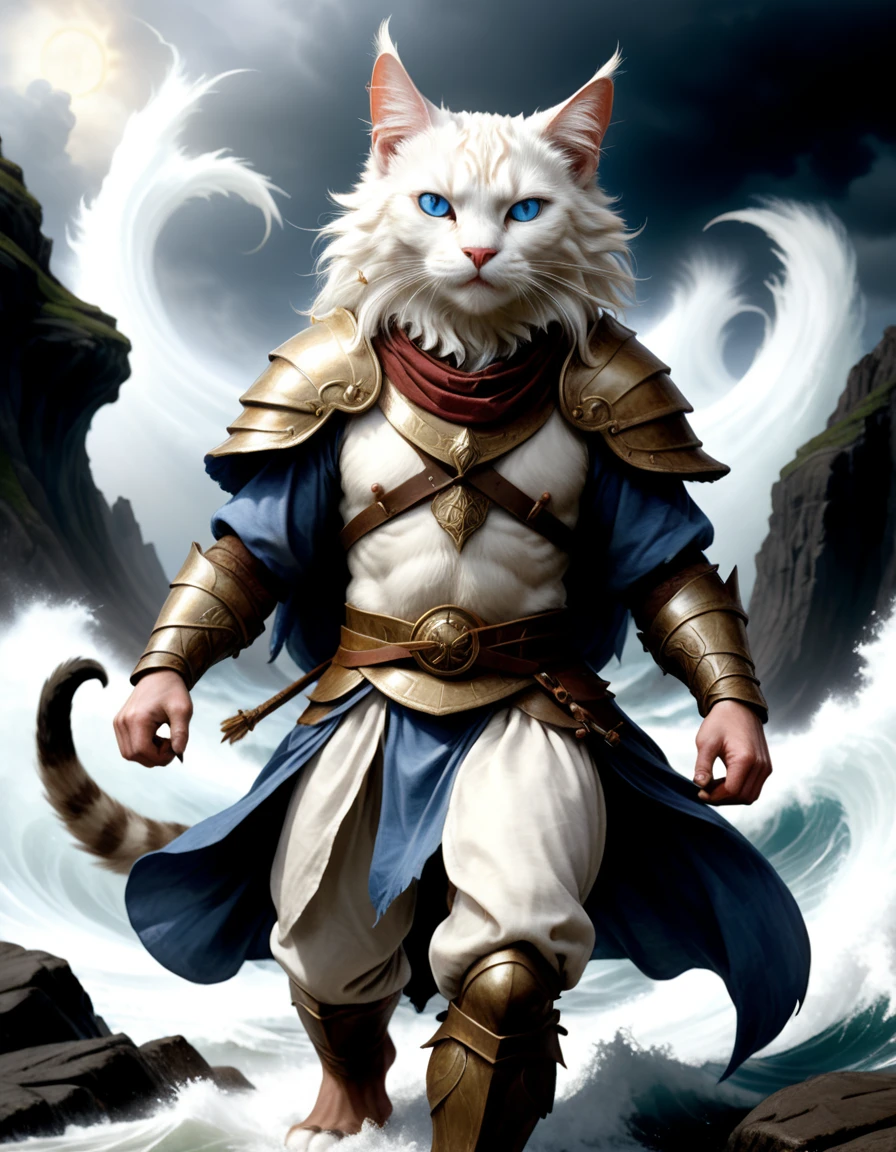 Depict a white cat with blue eyes as the god of wind. He is wearing luxurious armor and wielding a large cloth, summoning a storm with his powerful movements. The background showcases raging waves, highlighting the strength of the storm. The scene blends the whimsical, fairy-tale-like details of Jean-Baptiste Monge with the epic, grandiose landscapes of Alan Lee, creating a fusion of fantasy worlds and anthropomorphized animals.