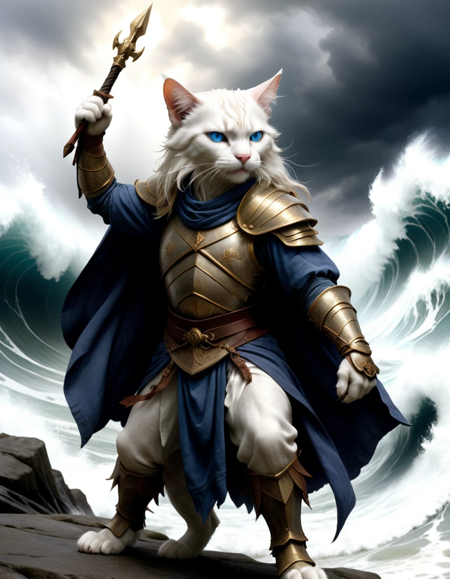 Depict a white cat with blue eyes as the god of wind. He is wearing luxurious armor and wielding a large cloth, summoning a storm with his powerful movements. The background showcases raging waves, highlighting the strength of the storm. The scene blends the whimsical, fairy-tale-like details of Jean-Baptiste Monge with the epic, grandiose landscapes of Alan Lee, creating a fusion of fantasy worlds and anthropomorphized animals.