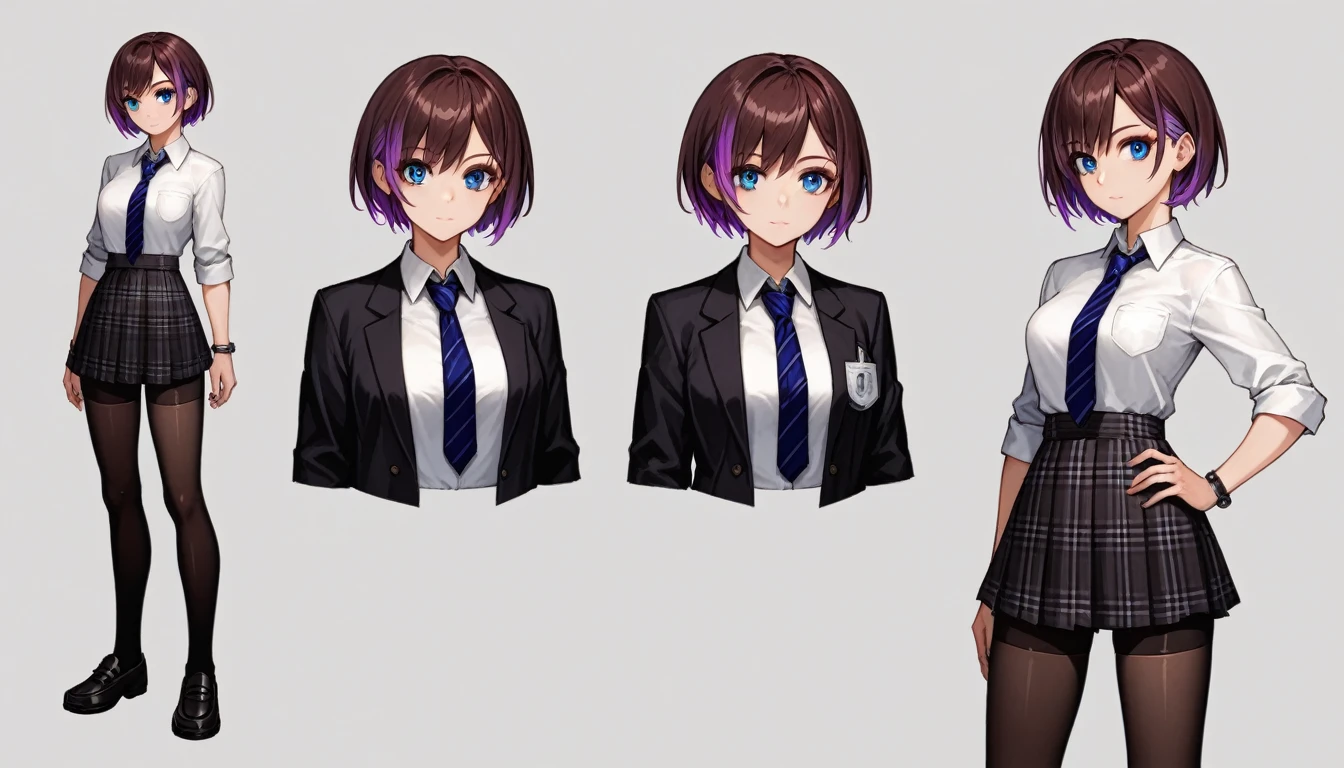 Solo, score_9,score_8_up,score_7_up, source_girl, school girl, teenage female, brown hair, wearing black bike shorts, black spandex shorts, 1.3, necktie, wearing school clothes, school outfit, standing, solo, full body, blue eyes, , plaid skirt, black spandex shorts, (short hair), character design, paper doll sheet, (purple highlights), brown hair,