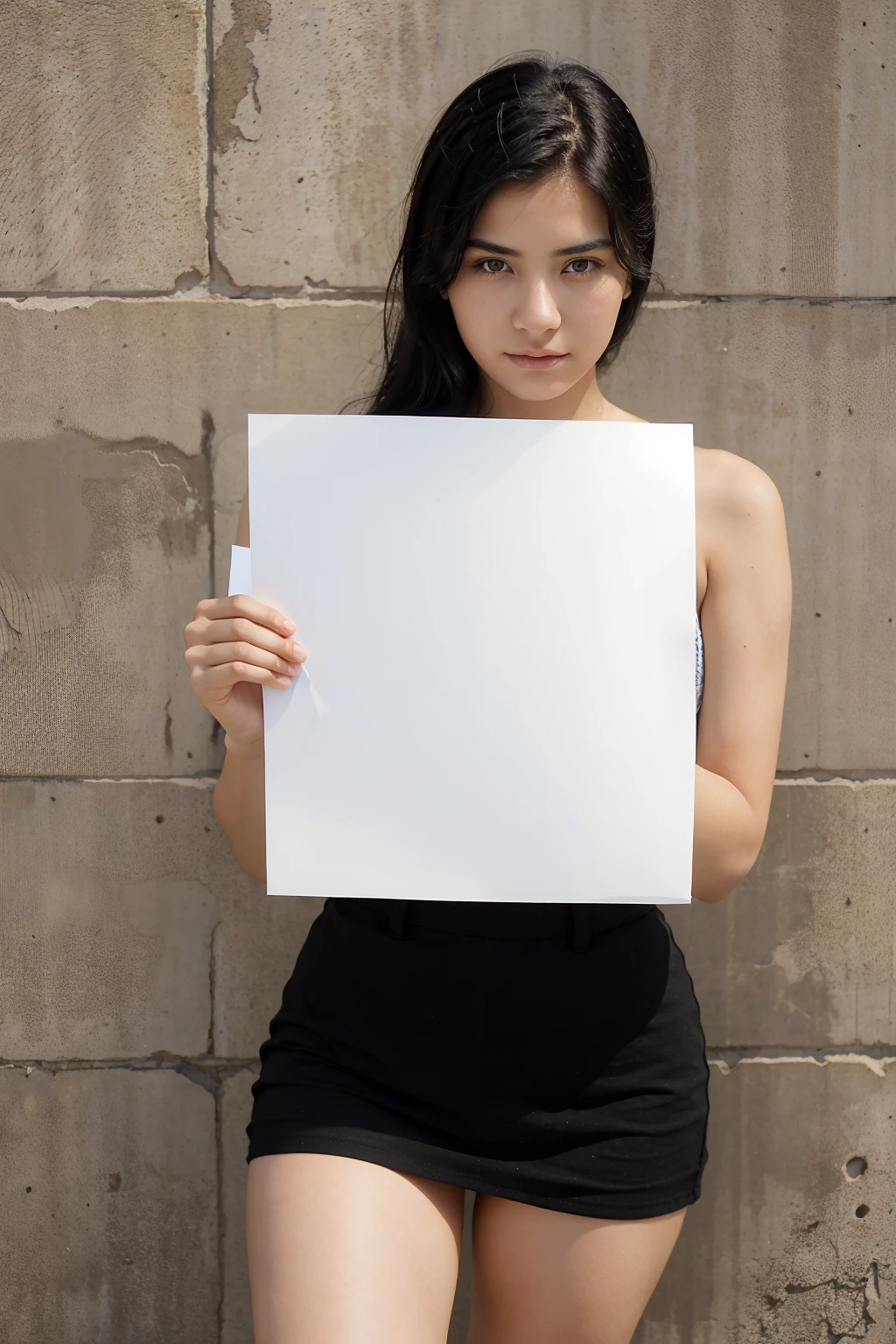 A beautiful woman with black hair and very fair skin, 20 years old, holds a sheet of notebook paper in her hand, looking towards the camera