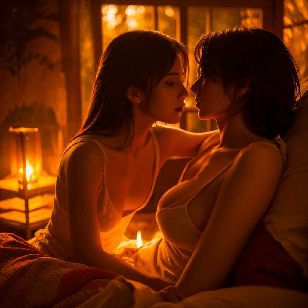 a passionate intimate sensual love scene between two lovers, erotic detailed warm lighting, soft focus, photorealistic, masterpiece, 8k